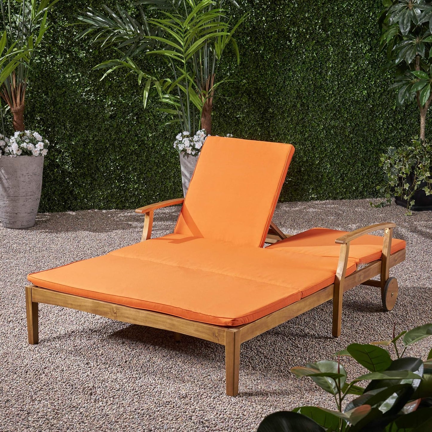 Christopher Knight Home Samantha Double Chaise Lounge for Yard and Patio, Acacia Wood Frame, Teak Finish with Orange Cushions
