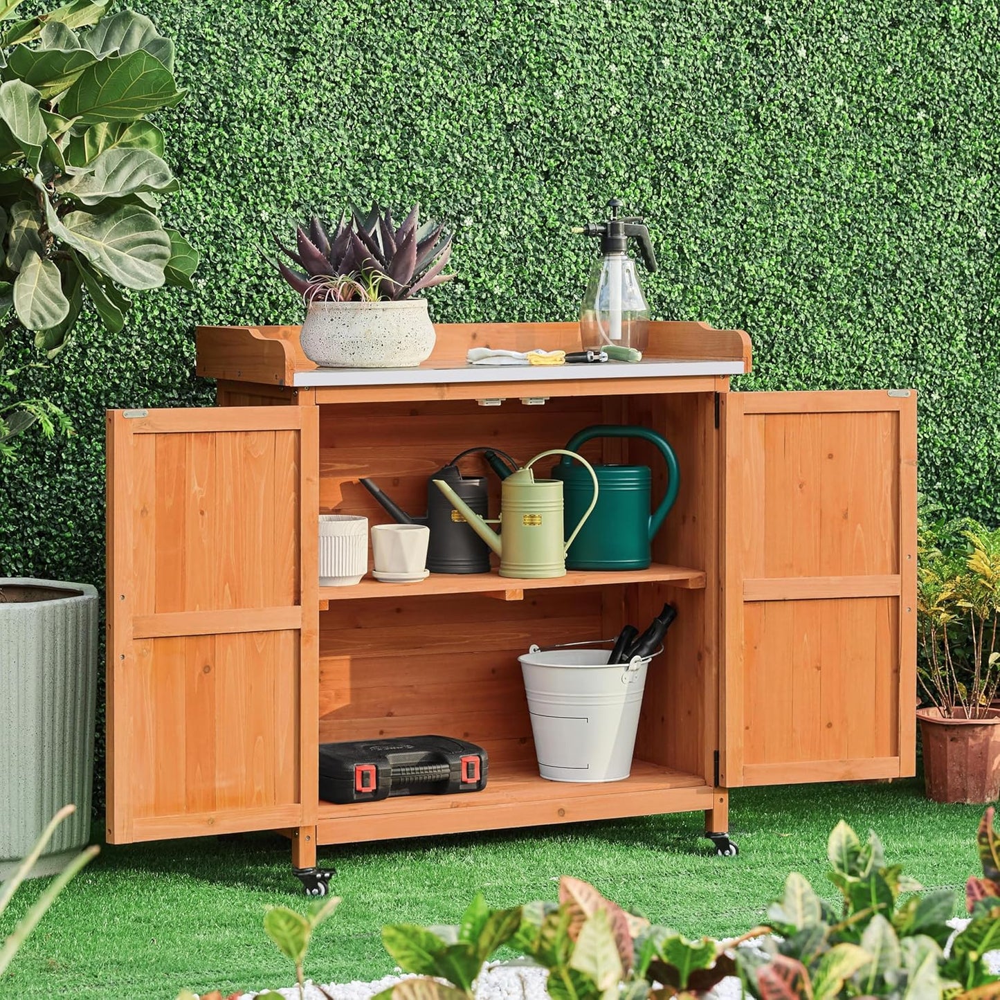 Yaheetech Garden Potting Bench Table - Outdoor Garden Patio Wooden Storage Cabinet & Solid Wood Planting Work Bench with Large Space Storage & Metal-Plated Tabletop, Brown