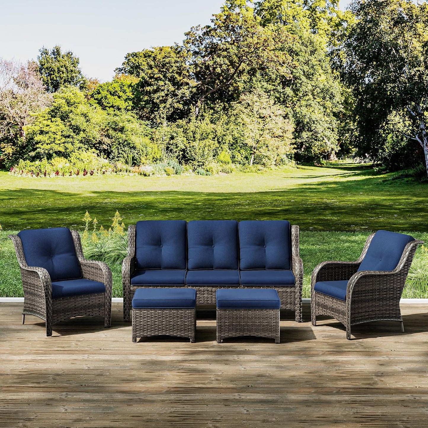 Joyside Patio Furniture Set 5-Piece Wicker Outdoor Furniture Conversational Set with 3-Seat Sofa, 2 Armchairs, 2 Ottoman Patio Rattan Wicker Sectional Sofa Set with Olefin Cushions(Mixed Grey/Blue)