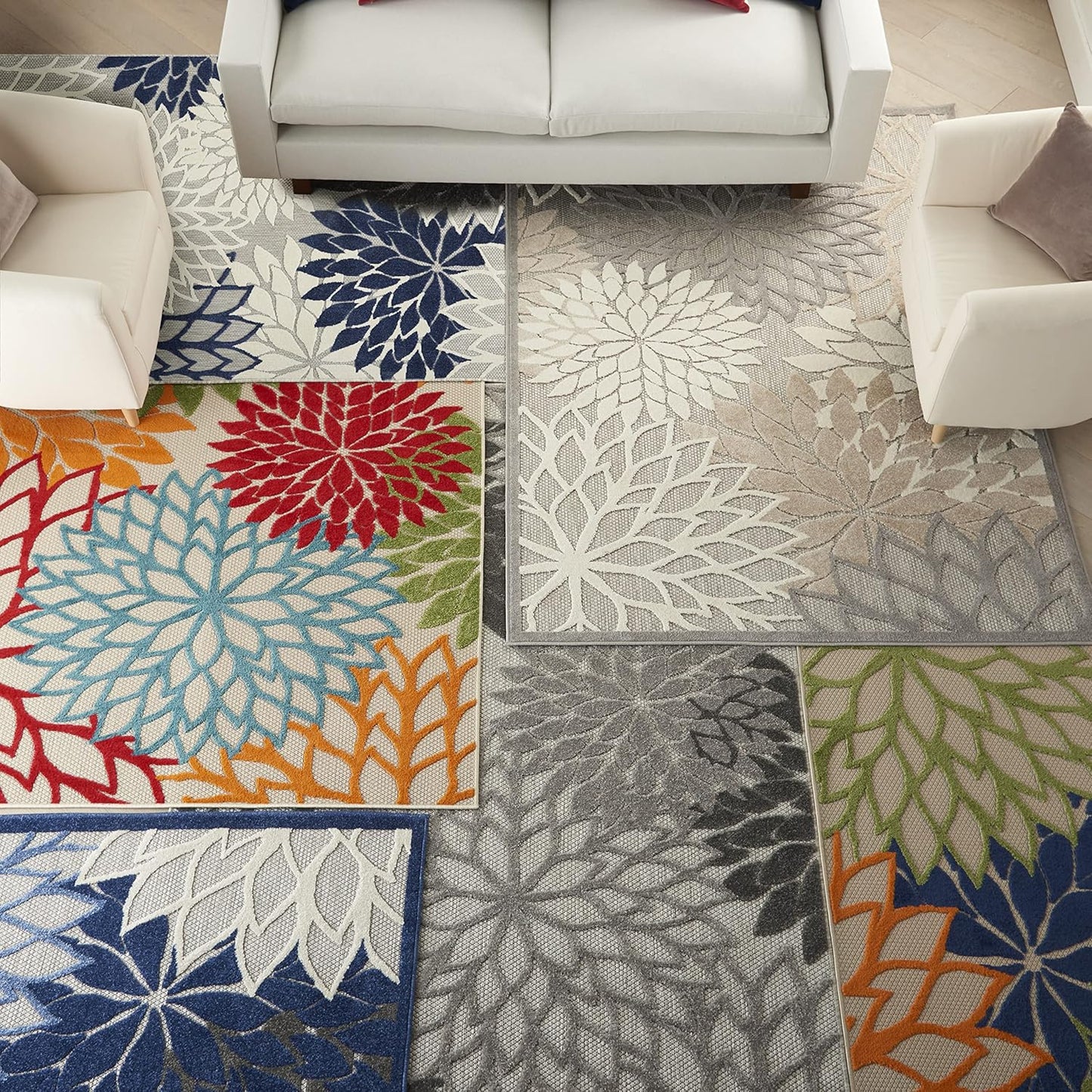 Nourison Aloha Indoor/Outdoor Green 5'3'' x Round Area-Rug, Tropical, Botanical, Easy-Cleaning, Non Shedding, Bed Room, Living Room, Dining Room, Deck, Backyard, Patio (5 Round)