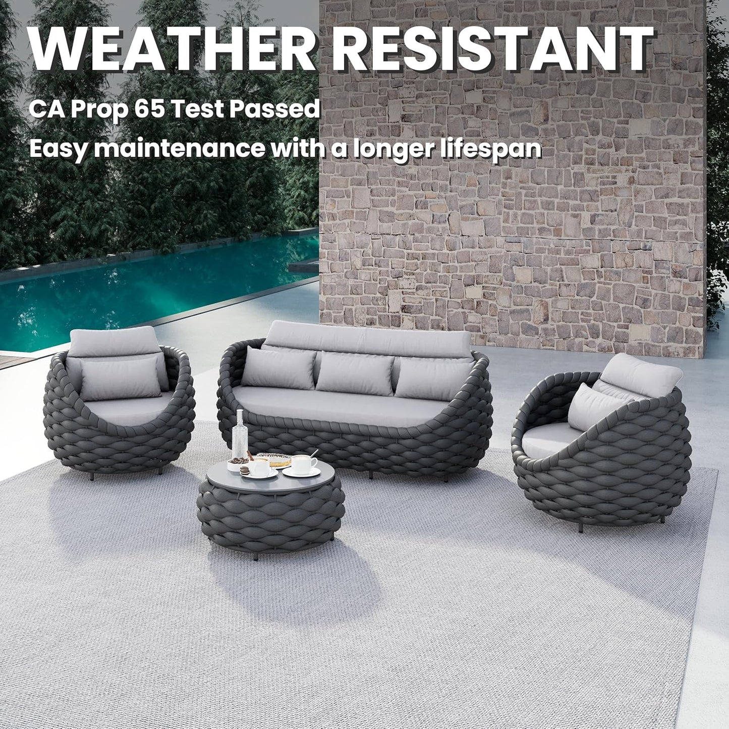Modern Outdoor Living Room Furniture Set: 4-Piece Alumunim Assembled Woven Rope Accent Patio Conversation Set, All-Weather Lounge Sofa Set for Porch Backyard Garden Deck Poolside Hotel