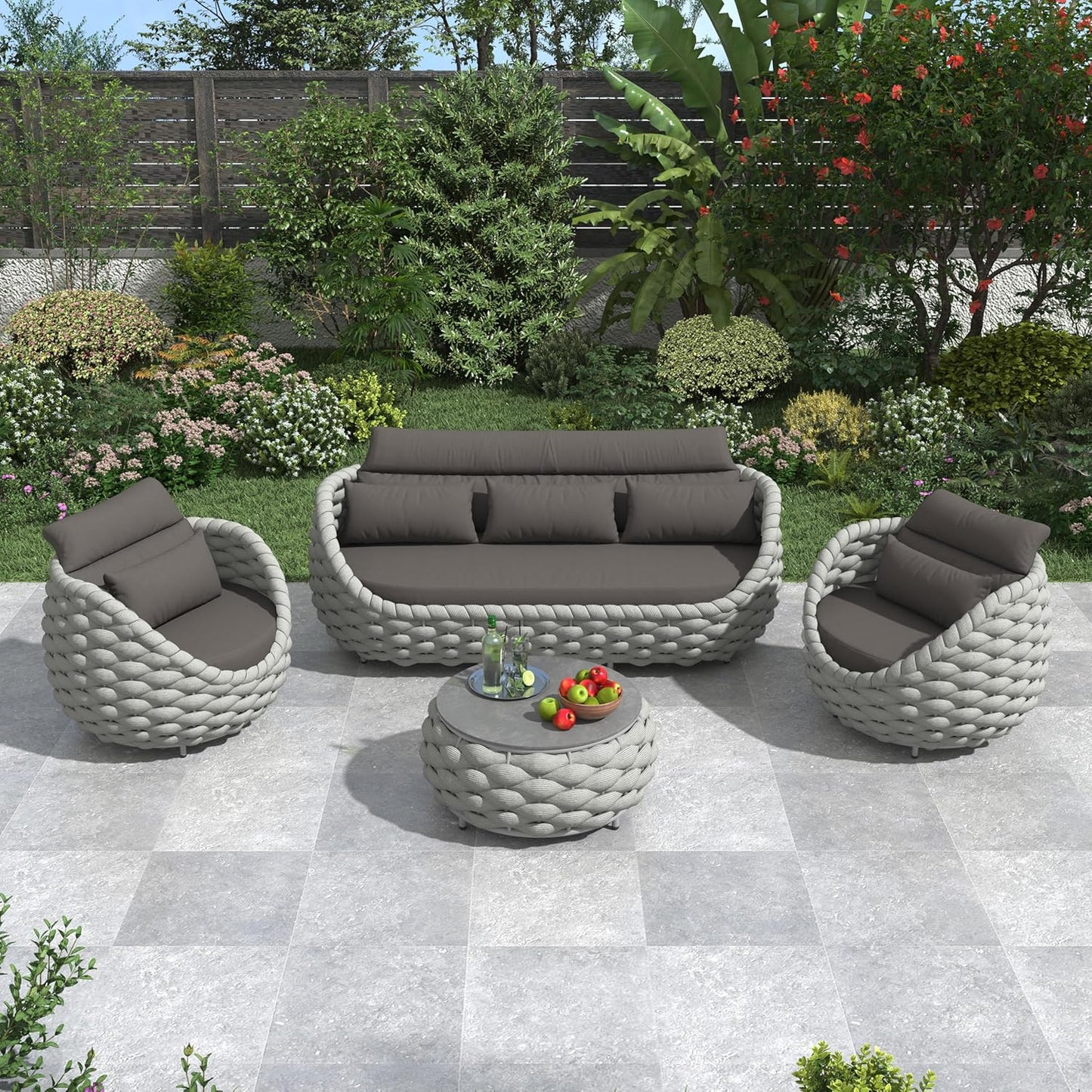 Rope Patio Furniture Set: 4 Pieces Aluminum Outdoor Couch Set Cushioned - Assembled Conversation Sofa Set Modern - Metal Porch Seating for 5 Person - All Weather for Deck Garden Poolside Hotel
