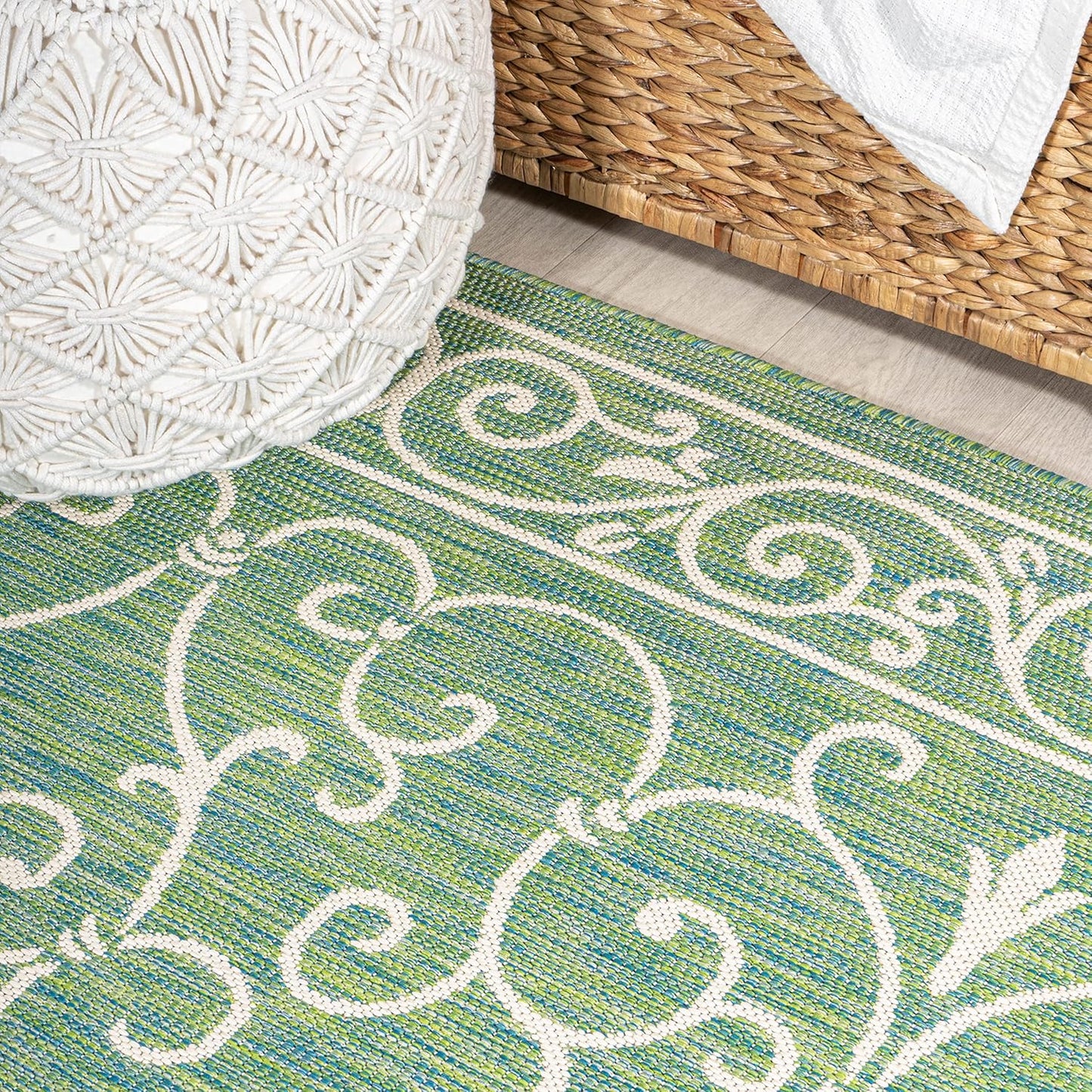 JONATHAN Y SMB106K-210 Charleston Vintage Filigree Textured Weave Indoor Outdoor Runner Rug, Classic, Traditional, Transitional Easy Clean,Bedroom,Kitchen,Backyard,Patio, Non-Shed, Green/Ivory, 2 X 10