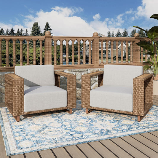 2 Pcs Outdoor Patio Furniture Set, Outdoor Wicker Sofa Couch, Rattan Armchairs Set of 2 with 10" Thick Waterproof Cushions for Deck Backyard Lawn