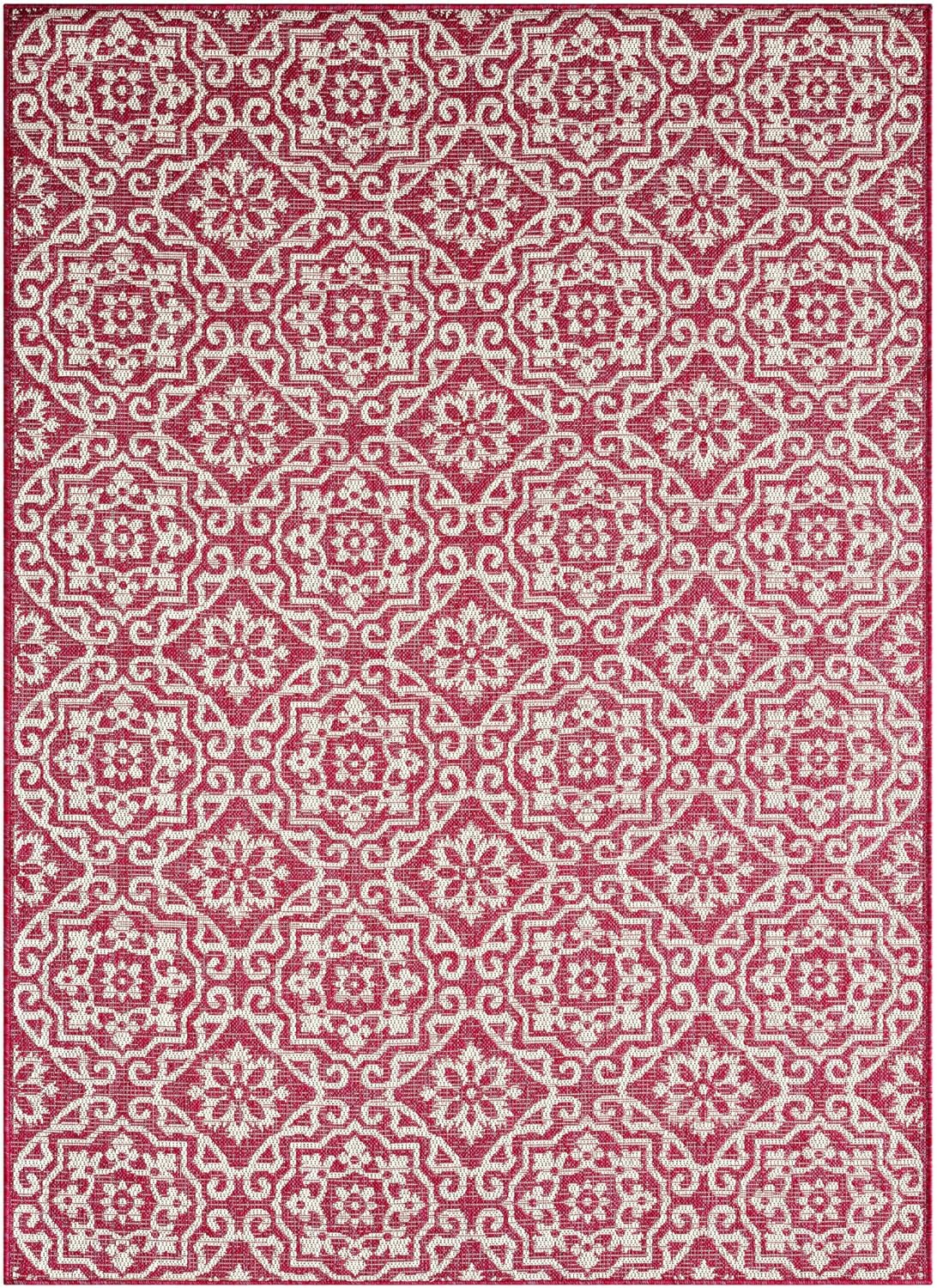 Nicole Miller New York Patio Country Julia Transitional Geometric Indoor/Outdoor Area Rug, Pink/Ivory, 6'6"x9'2"