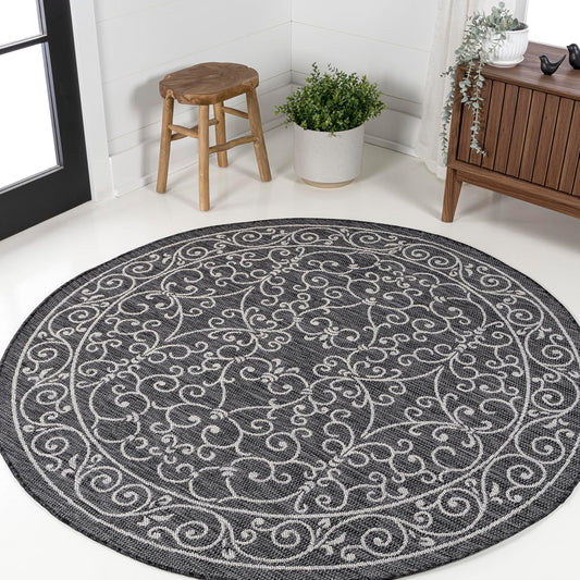 JONATHAN Y SMB106G-9R Charleston Vintage Filigree Textured Weave Black/Gray 9' Round Indoor/Outdoor Area Rug, Pet Friendly, Non-Shedding, Stain Resistant, Easy-Cleaning for Backyard, Patio, Porch