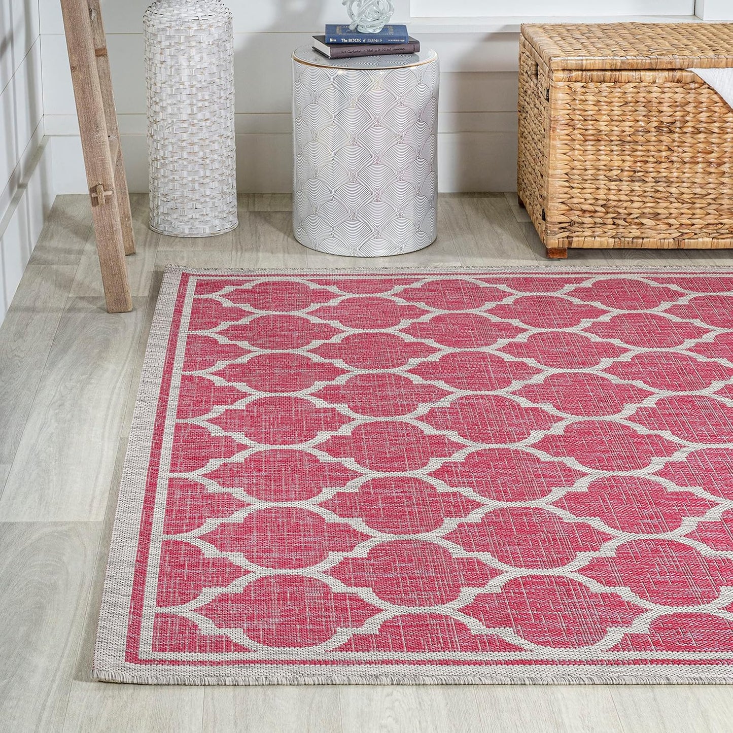 Eyely BMS109H-9 Santa Monica Trebol Moroccan Trellis Textured Weave Indoor/Outdoor Area Rug Coastal;Bohemian, Bedroom, Backyard, Patio, Easy-Cleaning, Non-Shedding, 9 X 12, Fuchsia/Light Gray