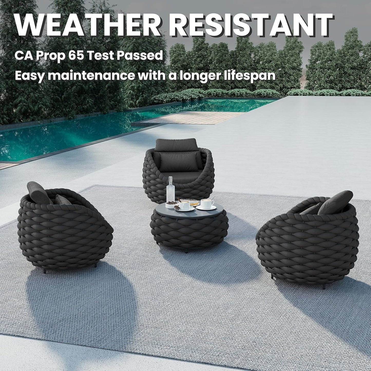 Balcony Furniture Set for Apartments: 4 Pieces Aluminum Woven Rope Patio Conversation Set - Modern Cushioned Lounge Chair Set - Assembled Porch Armchair for 400lbs Garden Lanai Hotel, Dark Grey