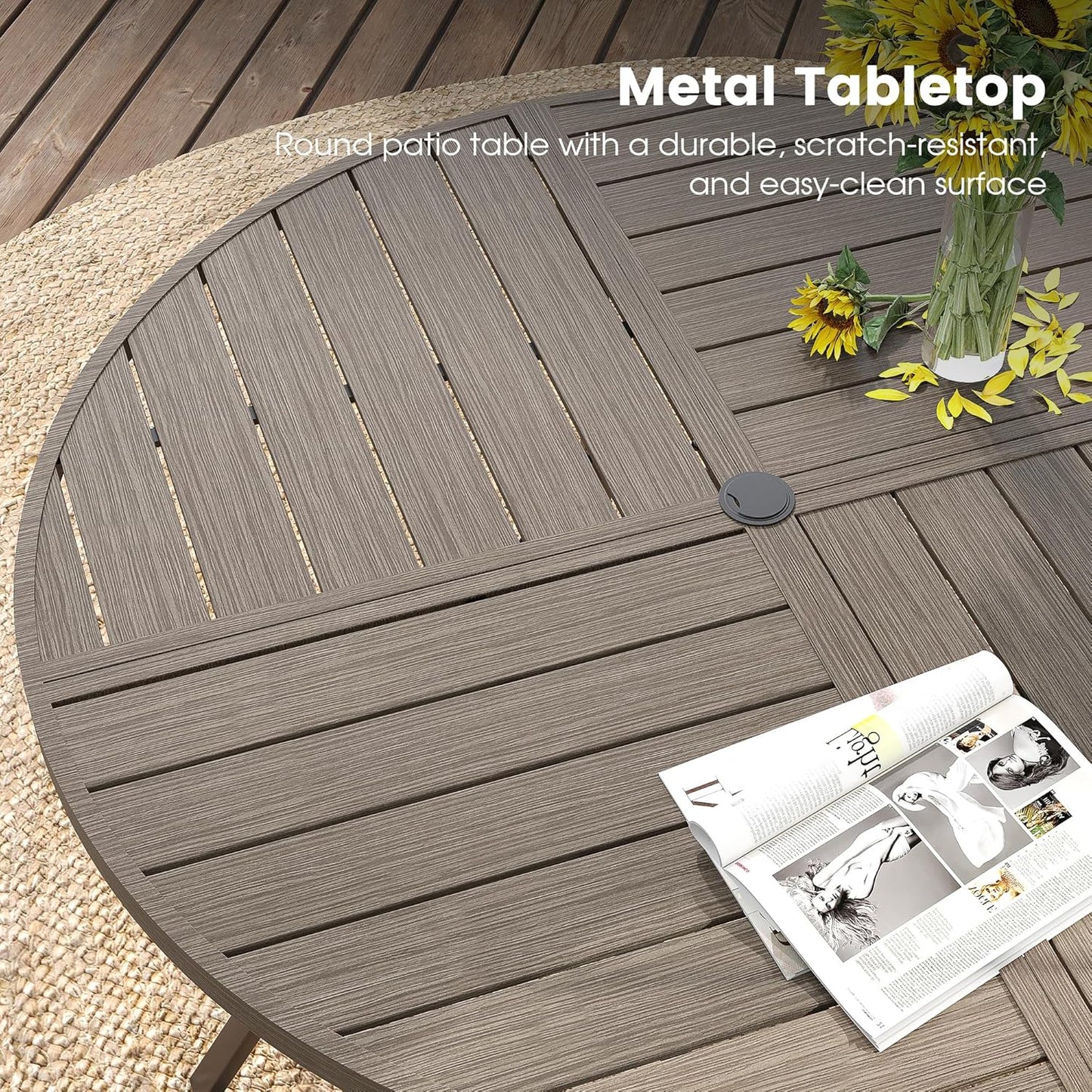 DIFY 53.1" Round Outdoor Patio Dining Table for 6-8, All-Weather Metal Steel Slatted Patio Table with 1.57" Adjustable Umbrella Hole, for Lawn Garden Porch Backyard, Grey Wood-Like