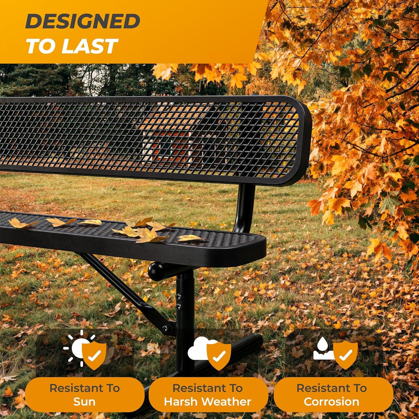 Heavy-Duty Outdoor Metal Bench, Thermoplastic-Coated, Portable, Weatherproof, Commercial-Grade for Parks, Gardens, Patios, Stores & More (8 Ft - Portable with Back, Black)