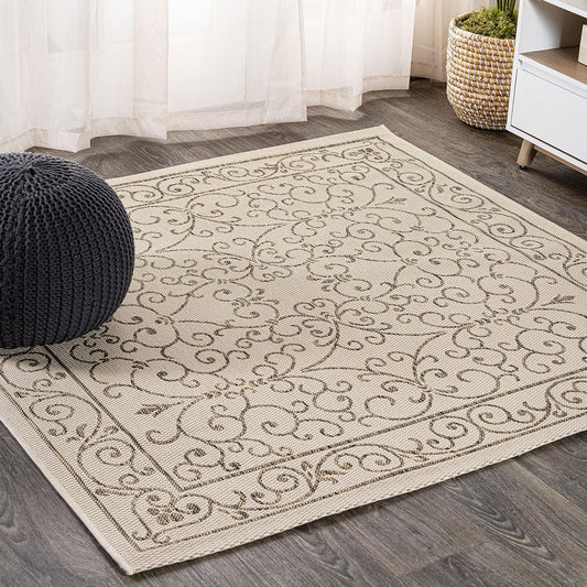 JONATHAN Y SMB106A-6SQ Charleston Vintage Filigree Textured Weave Beige/Brown 6' Square Indoor/Outdoor Area Rug, Pet Friendly, Non-Shedding, Stain Resistant, Easy-Cleaning for Backyard, Patio, Porch