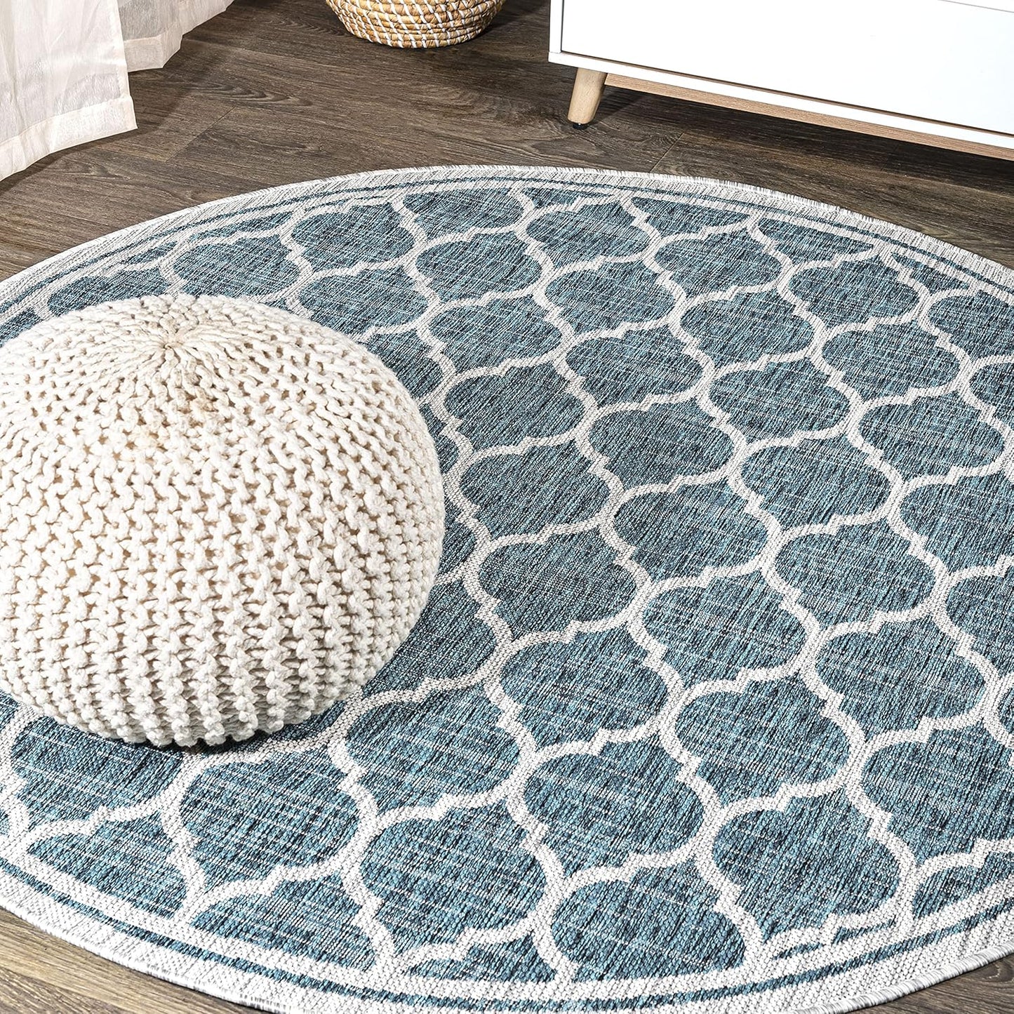 Eyely BMS109E-5R Santa Monica Trebol Moroccan Trellis Textured Weave Indoor/Outdoor Area Rug Coastal;Bohemian, Bedroom, Backyard, Patio, Easy-Cleaning, Non-Shedding, 5' Round, Teal/Gray