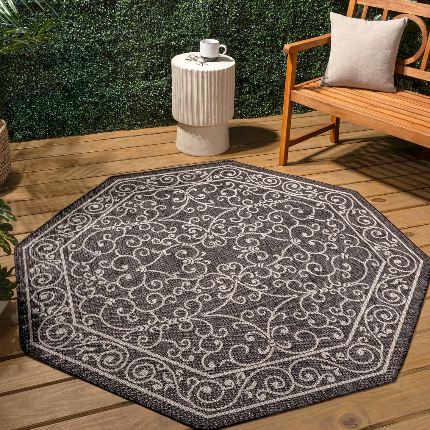 JONATHAN Y SMB106G-8TGN Charleston Vintage Filigree Textured Weave Black/Gray 8' Octagon Indoor/Outdoor Area Rug, Non-Shedding, Stain Resistant,Fade Resistant, Easy-Cleaning for Backyard Patio, Porch