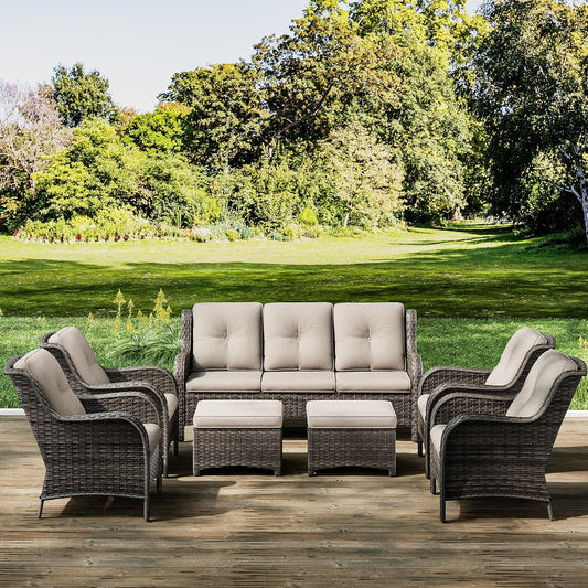 Joyside Wicker Patio Furniture Sets 7 Piece Set with One 3-Seat Sofa, Four Armchairs, Two Ottomans, Wicker Outdoor Furniture Sectional Conversation Set(Mixed Grey/Beige)
