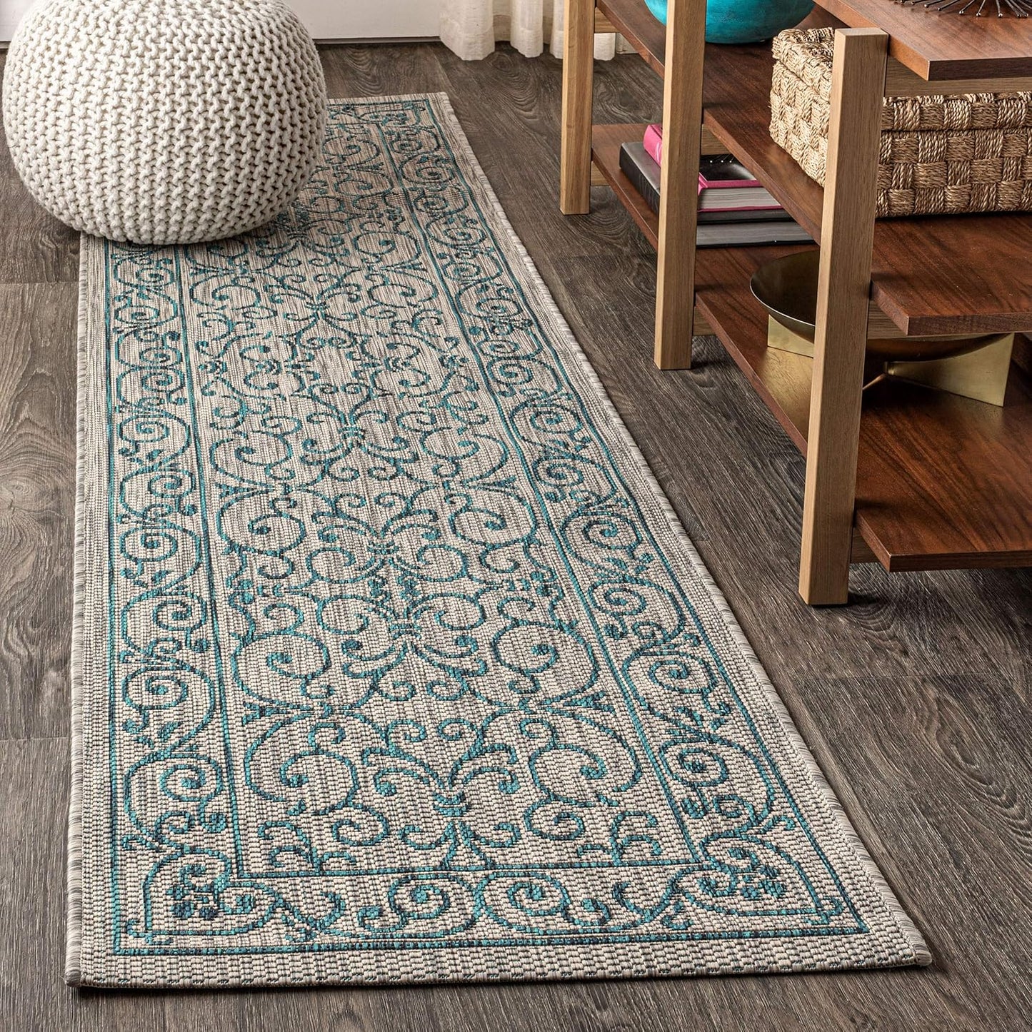 JONATHAN Y SMB106E-28 Charleston Vintage Filigree Textured Weave Indoor Outdoor Rug LivingRoom Backyard,2 X 8,Gray/Teal