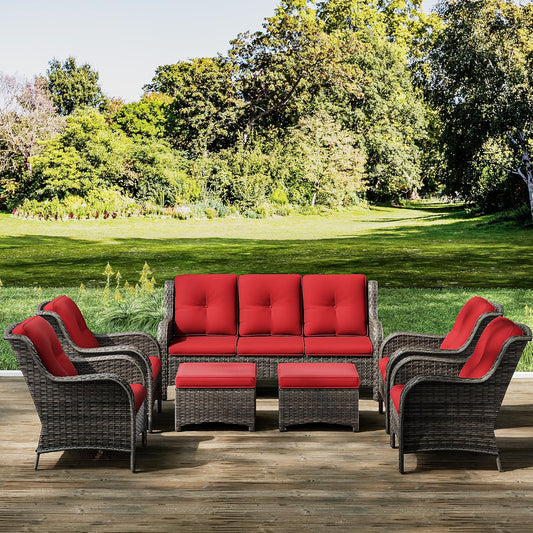 Joyside Wicker Patio Furniture Sets 7 Piece Set with One 3-Seat Sofa, Four Armchairs, Two Ottomans, Wicker Outdoor Furniture Sectional Conversation Set(Mixed Grey/Red)