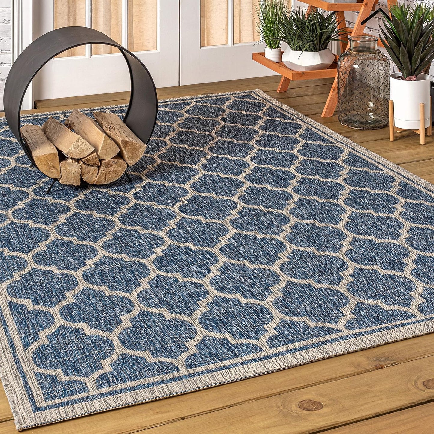 Eyely BMS109D-5 Santa Monica Trebol Moroccan Trellis Textured Weave Indoor/Outdoor Area Rug Coastal;Bohemian, Bedroom, Backyard, Patio, Easy-Cleaning, Non-Shedding, 5 X 8, Navy/Gray