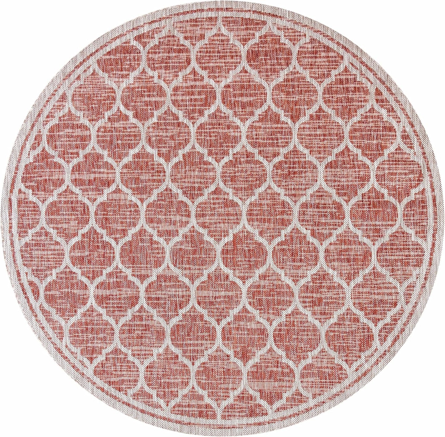 Eyely BMS109C-5R Santa Monica Trebol Moroccan Trellis Textured Weave Indoor/Outdoor Area Rug Coastal;Bohemian, Bedroom, Backyard, Patio, Easy-Cleaning, Non-Shedding, 5' Round, Red/Beige