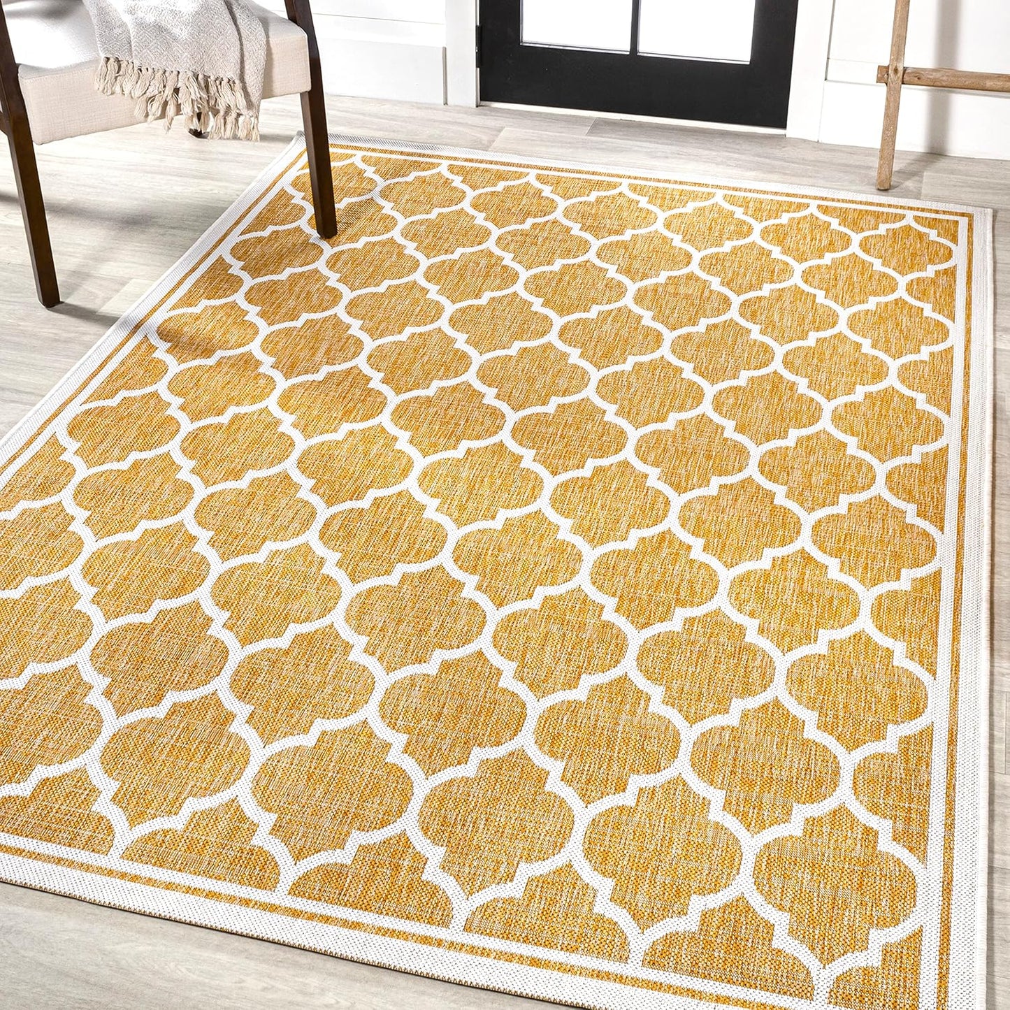 Eyely BMS109F-4 Santa Monica Trebol Moroccan Trellis Textured Weave Indoor/Outdoor Area Rug Coastal;Bohemian, Bedroom, Backyard, Patio, Easy-Cleaning, Non-Shedding, 4 X 6, Yellow/Cream