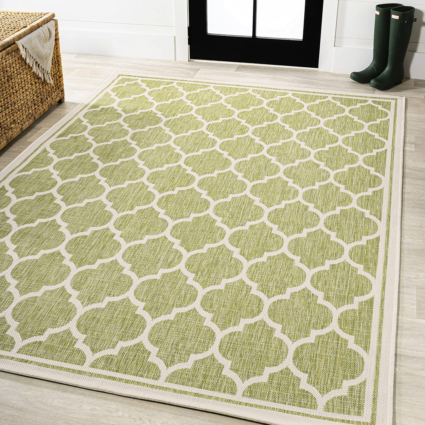 Eyely BMS109G-4 Santa Monica Trebol Moroccan Trellis Textured Weave Indoor/Outdoor Area Rug Coastal;Bohemian, Bedroom, Backyard, Patio, Easy-Cleaning, Non-Shedding, 4 X 6, Green/Cream