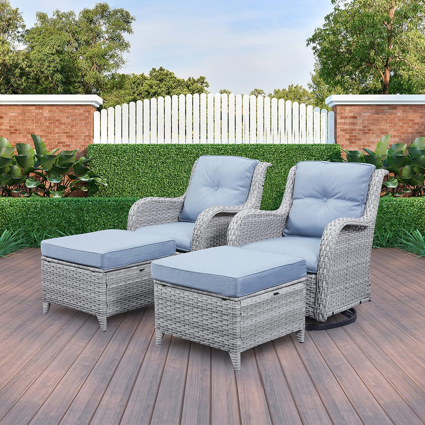 Outdoor Swivel Rocker Furniture 5 Pieces Patio Wicker Furniture Sets, Rattan Patio Swivel Glider Chairs with 2 Ottoman and Glass Side Table