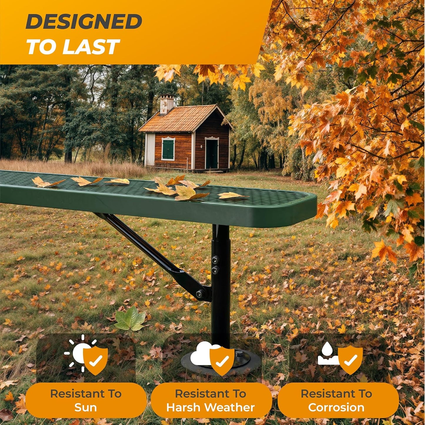 Heavy-Duty Outdoor Metal Bench, Thermoplastic-Coated, Surface, Weatherproof, Commercial-Grade for Parks, Gardens, Patios, Stores & More (8 Ft - Surface, Green)