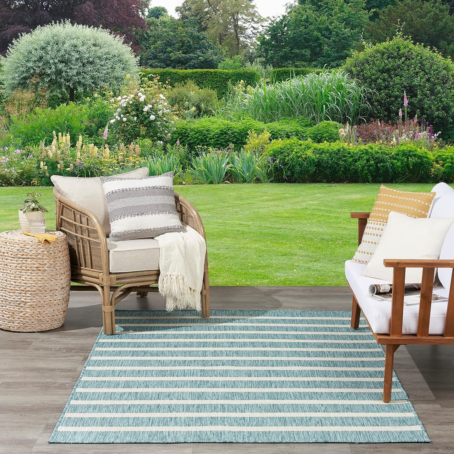 Nourison Home Positano Indoor/Outdoor Aqua Ivory 7' x 10' Area -Rug, Easy -Cleaning, Non Shedding, Bed Room, Living Room, Dining Room, Deck, Backyard, Patio (7x10)