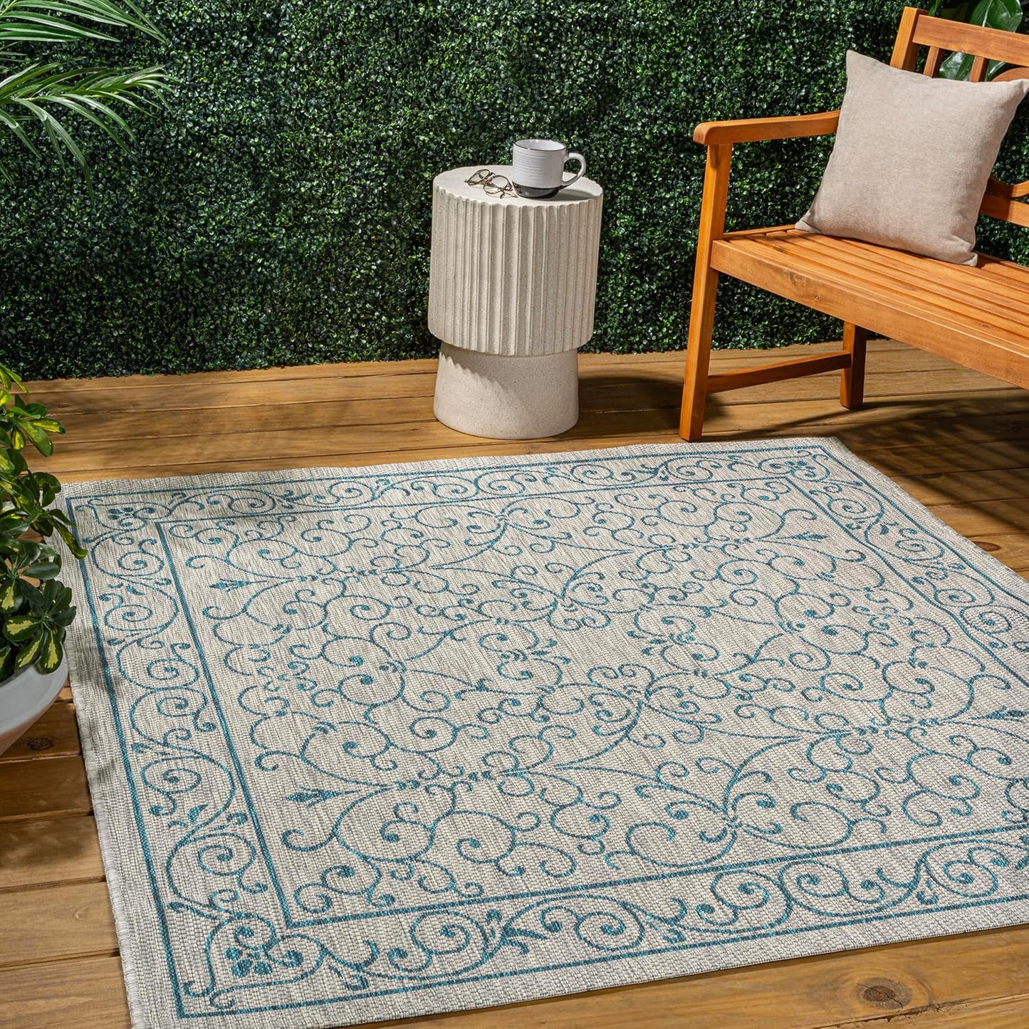 JONATHAN Y SMB106E-5SQ Charleston Vintage Filigree Textured Weave Gray/Teal 5' Square Indoor/Outdoor Area Rug, Pet Friendly, Non-Shedding, Stain Resistant, Easy-Cleaning for Backyard, Patio, Porch