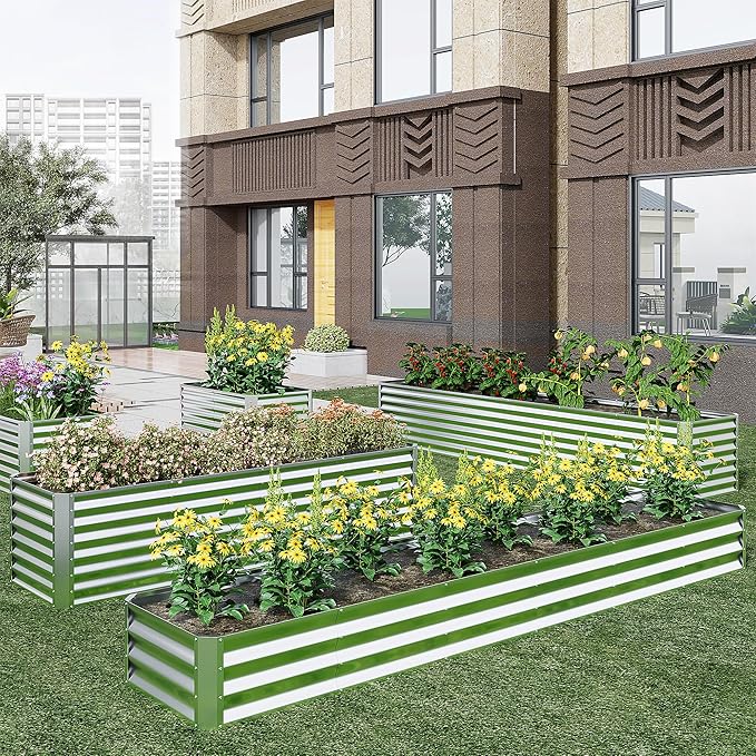 EKX 2pcs 8x2x1FT Galvanized Raised Garden Bed, Raised Garden Bed Kit-Metal Planter Box Outdoor,Planting for Vegetables, Fruits,Herbs, Flowers-Slive