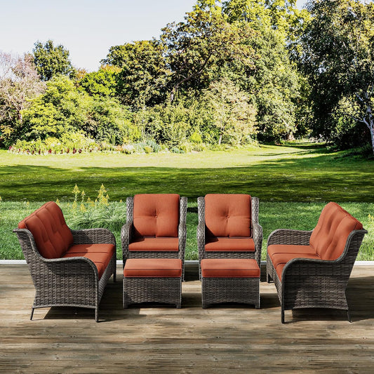 Joyside Patio Furniture Set 6 Pieces - Outdoor Rattan Furniture Set with 2 Armchairs, 2 Couch and 2 Ottomans, Olefin Cushions Included(Mixed Grey/Orange)