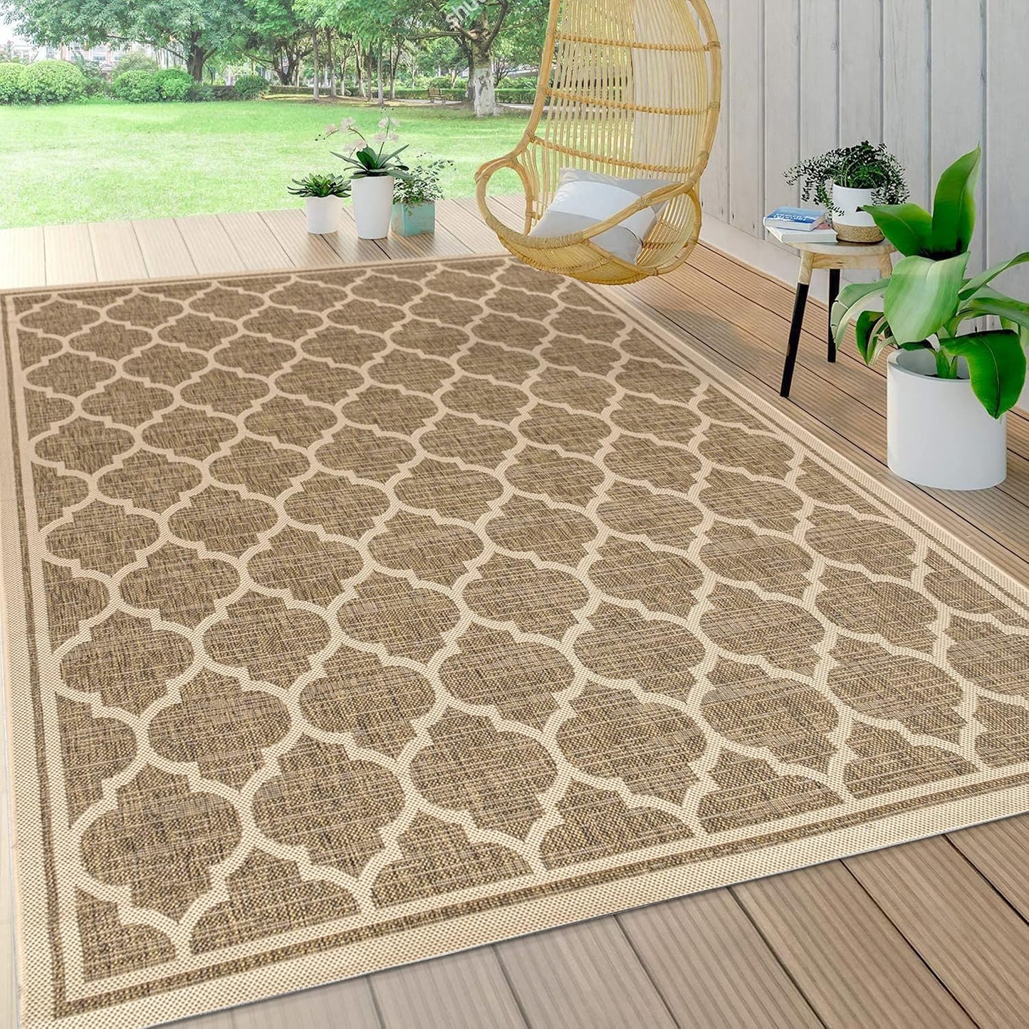Eyely BMS109A-9 Santa Monica Trebol Moroccan Trellis Textured Weave Indoor/Outdoor Area Rug Coastal;Bohemian, Bedroom, Backyard, Patio, Easy-Cleaning, Non-Shedding, 9 X 12, Brown/Beige