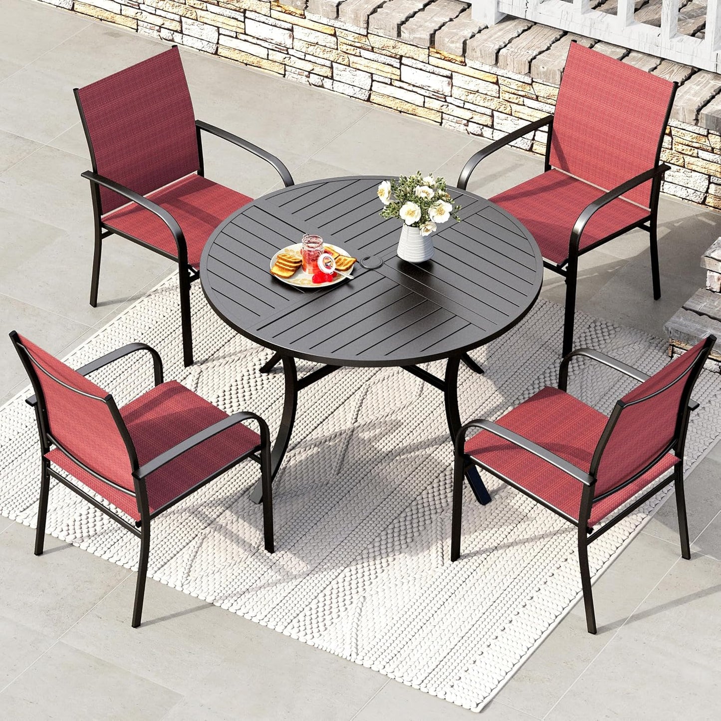 HERA'S HOUSE 5 Pieces Patio Dining Set, Patio Table and Chairs Set for 4, 4 x Red Textilene Dining Chair and 42" Metal Round Table for Lawn Garden Backyard Deck