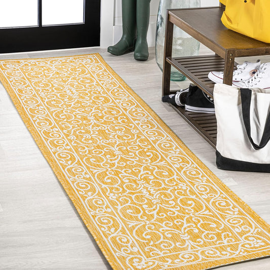 JONATHAN Y SMB106L-210 Charleston Vintage Filigree Textured Weave Indoor Outdoor Runner Rug, Classic,Traditional,Transitional Easy Clean,Bedroom,Kitchen,Backyard,Patio, Non-Shed, Yellow/Cream, 2 X 10