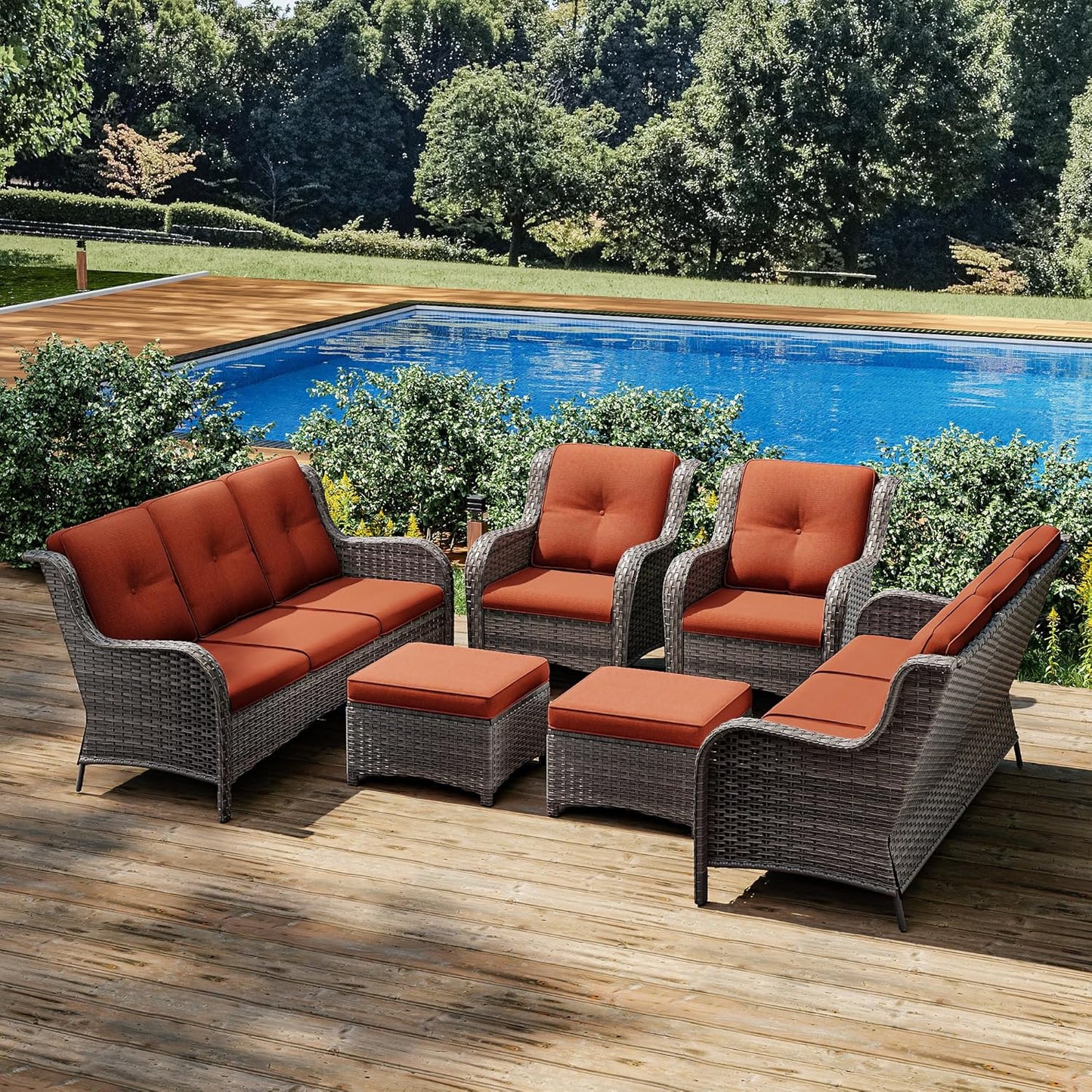 Joyside Patio Furniture Set 6 Pieces - Outdoor Rattan Furniture Set with 2 Armchairs, 2 Couch and 2 Ottomans, Olefin Cushions Included(Mixed Grey/Orange)