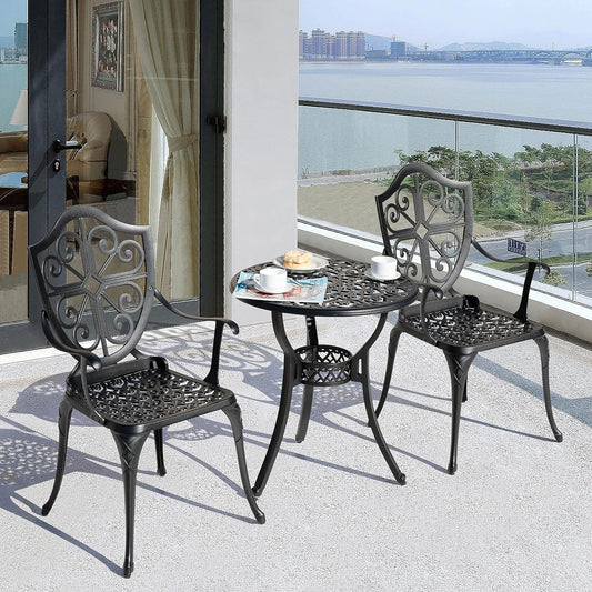 NUU GARDEN 3-Piece Outdoor Bistro Set, Round 24 Inch Cast Aluminum Bistro Table with 2.17" Umbrella Hole and 2 Cast Aluminum Bistro Chairs, for Patio, Garden, Backyard and Balcony, Black