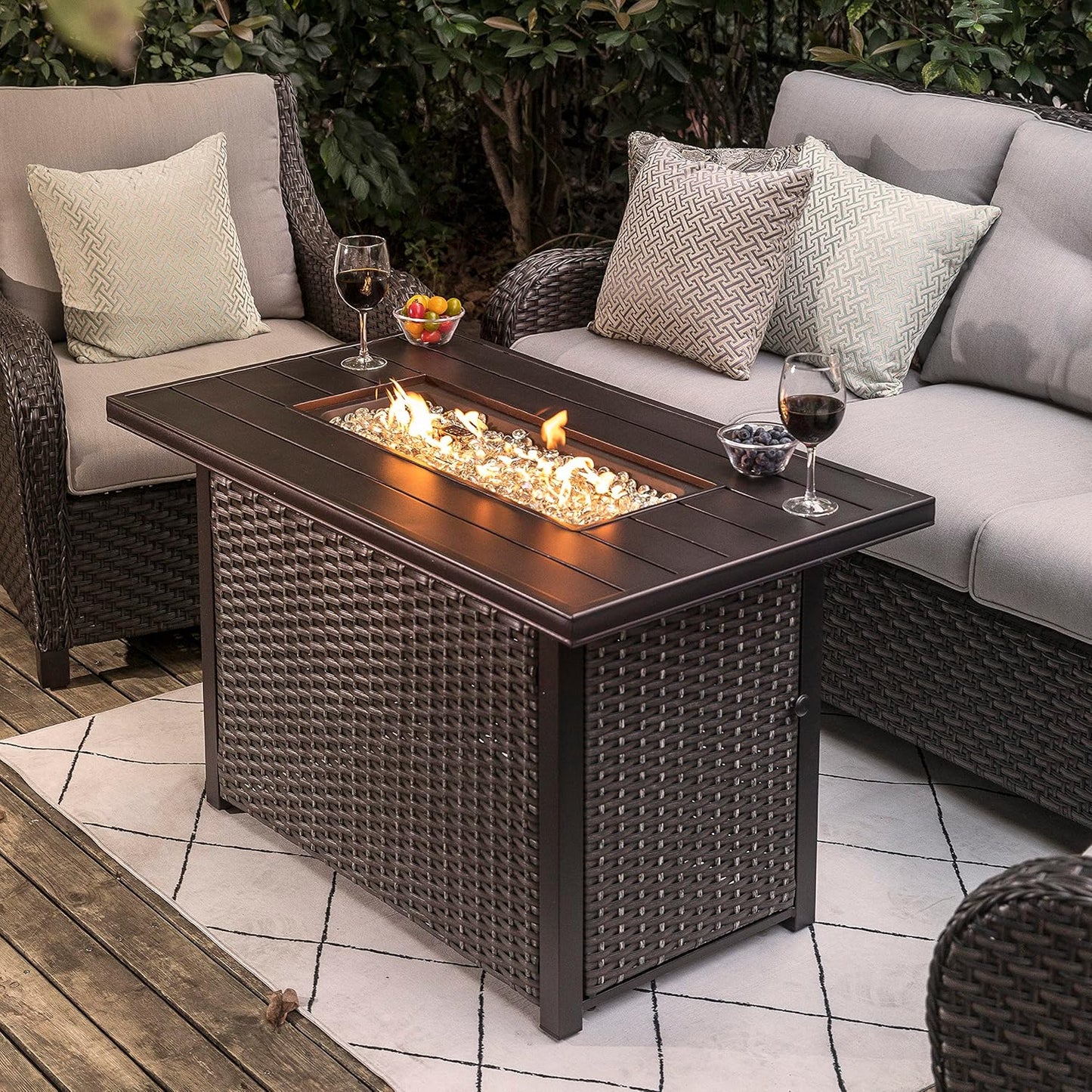 Nuu Garden 43 Inch Propane Fire Pit Table, CSA Certified 50,000 BTU Outdoor Patio Propane Fire Pit Table with 7 lbs Glass Stone and Removable Lid, Aluminum Tabletop, Water-Proof Oxford Cover, Brown