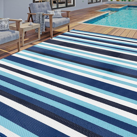 Outdoor Waterproof Rug 8'x10' Plastic Straw Rugs Washable Reversible Floor Mat Blue Stripe Carpet for Camping RV Deck Entryance Porch Picnic Balcony Beach Backyard