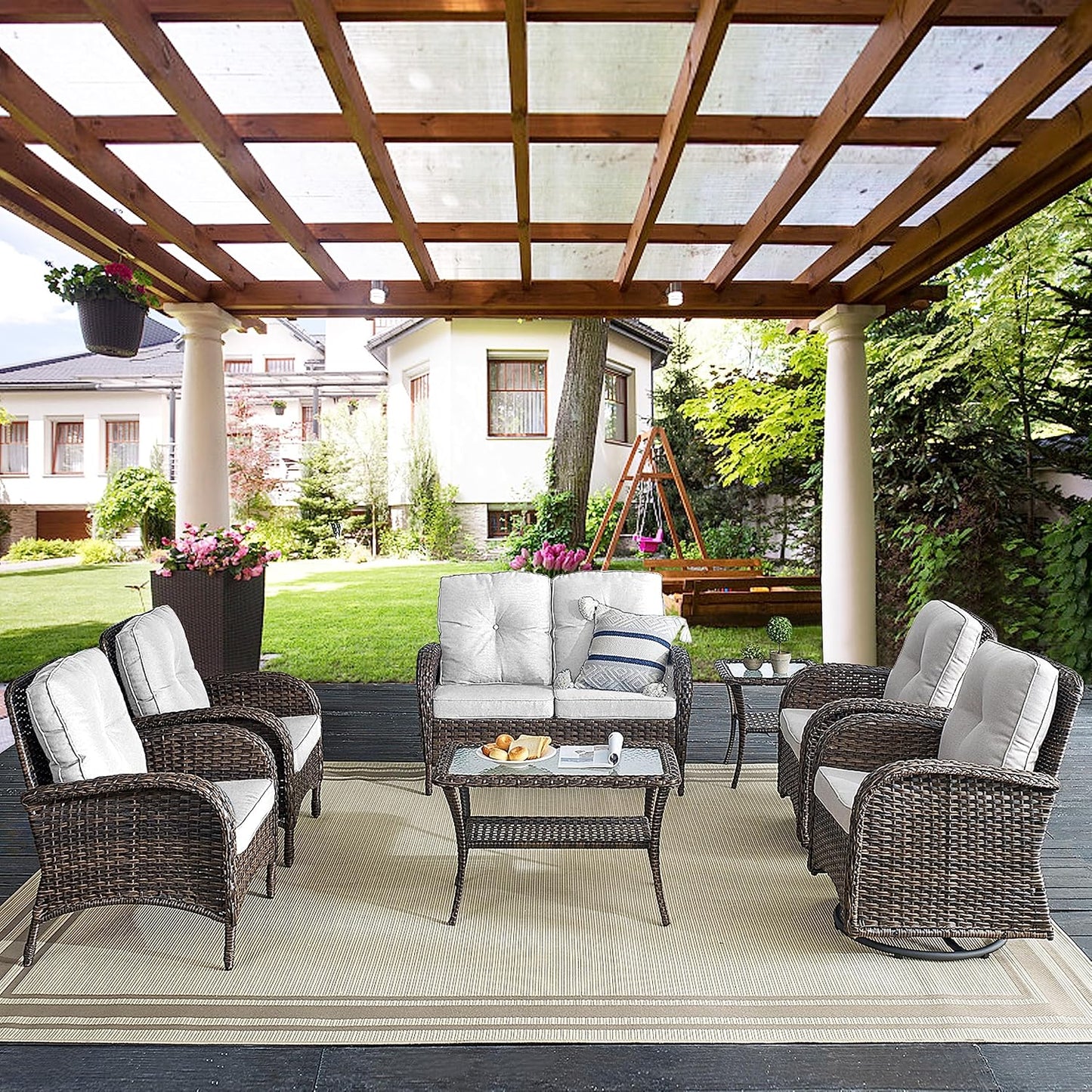 7 Piece Outdoor Patio Wicker Furniture Sets with Swivel Rocker Chairs, Rattan Loveseat Conversation Sets for Patio Deck Backyard Poolside, Beige Cushion