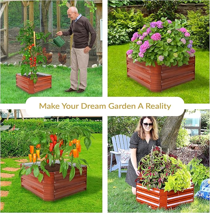 Sunnydaze 11.75" H Raised Metal Garden Bed - Galvanized Raised Garden Bed Outdoor for Vegetables and Flowers - Woodgrain - Square