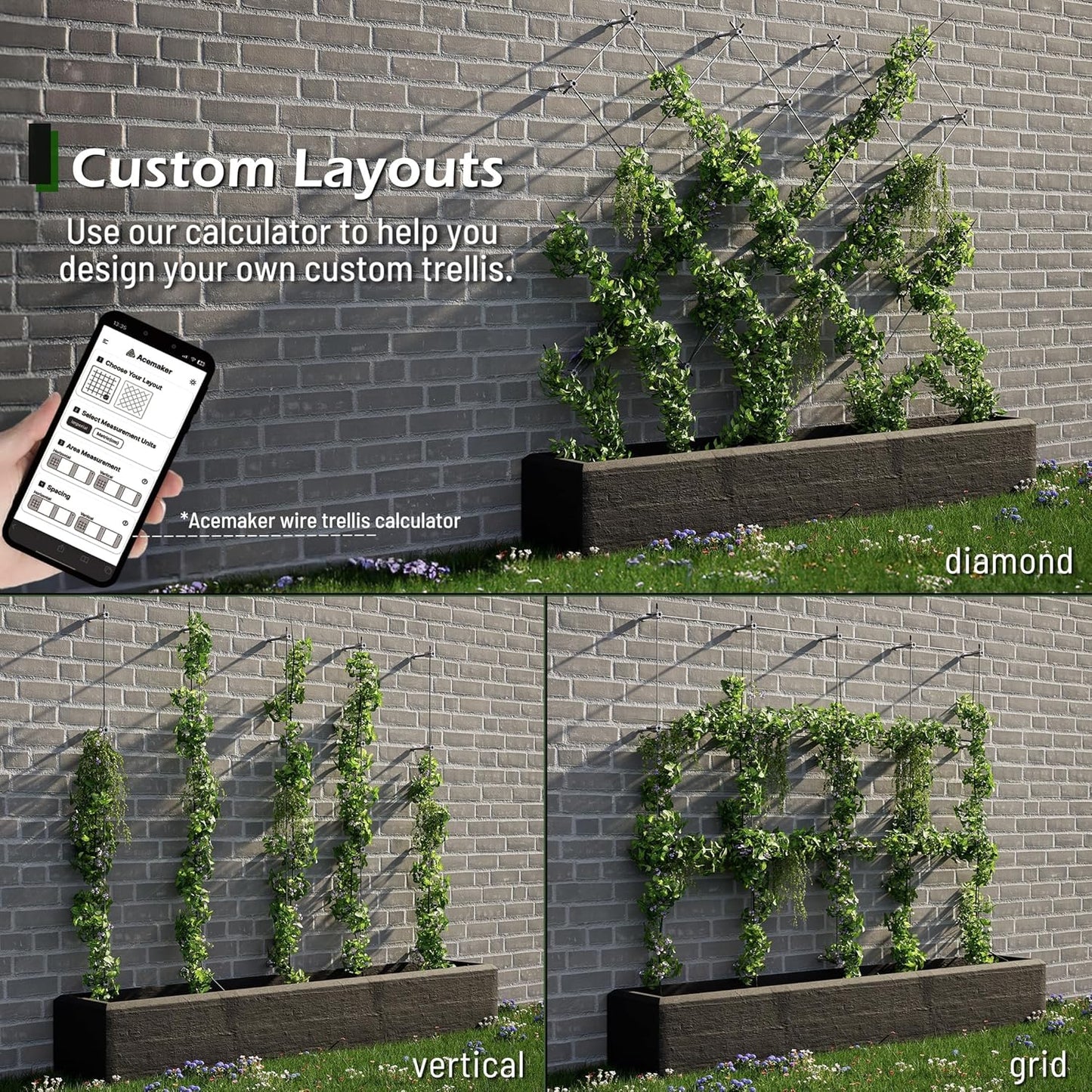 Wire Trellis for Climbing Plants Outdoor, 20-Set Wall Wire Trellis Kit with 5/64"(2mm) x 98ft Stainless Steel Cable, T316 Espalier System for Fence and Garden DIY Projects