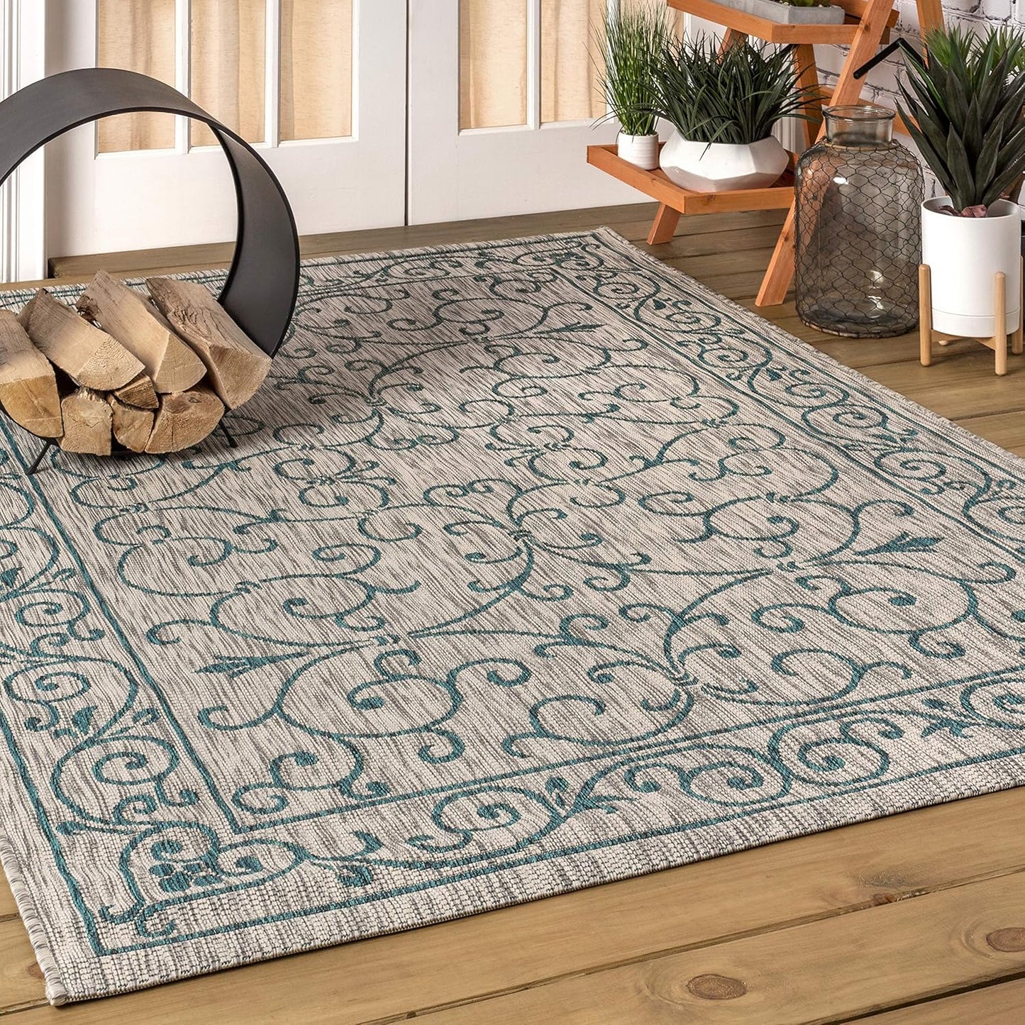 JONATHAN Y SMB106E-5 Charleston Vintage Filigree Textured Weave Indoor Outdoor Rug LivingRoom Backyard,5 X 8,Gray/Teal