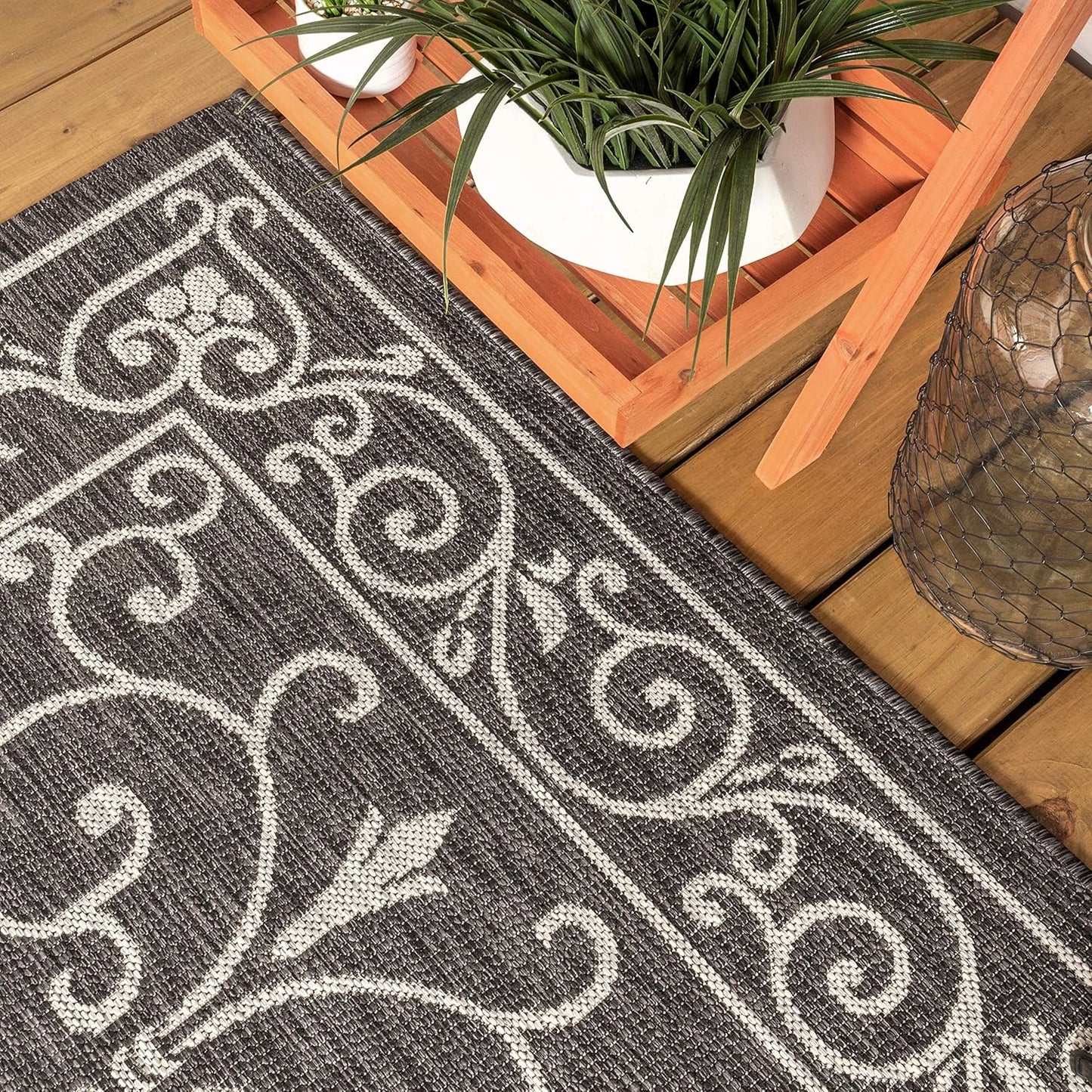 JONATHAN Y SMB106G-210 Charleston Vintage Filigree Textured Weave Indoor Outdoor Runner Rug Classic Coastal Easy Cleaning Bedroom Kitchen Backyard Patio Non Shedding, 2 X 10, Black/Gray
