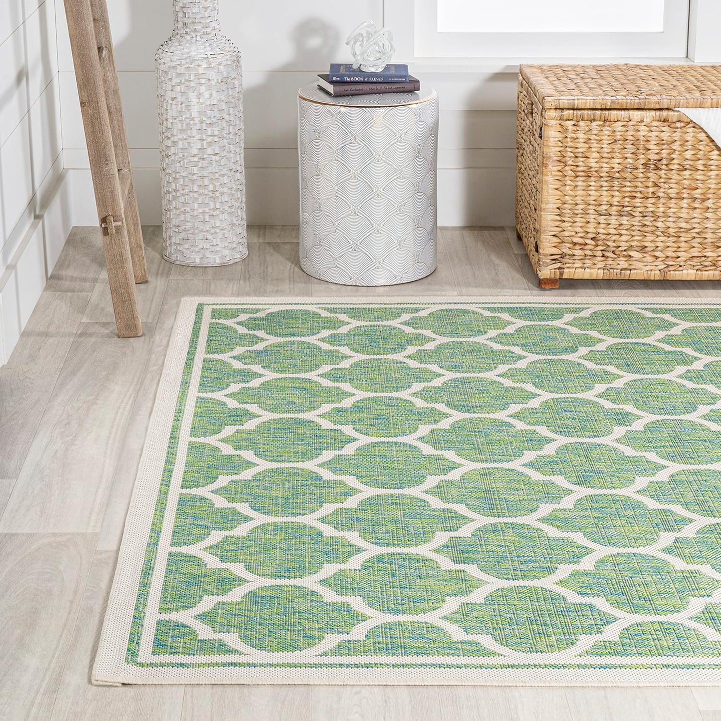 Eyely BMS109I-4 Santa Monica Trebol Moroccan Trellis Textured Weave Indoor/Outdoor Area Rug Coastal;Bohemian, Bedroom, Backyard, Patio, Easy-Cleaning, Non-Shedding, 4 X 6, Cream/Green