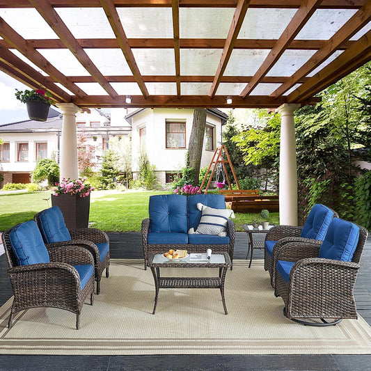 7 Piece Outdoor Patio Wicker Furniture Sets with Swivel Rocker Chairs, Rattan Loveseat Conversation Sets for Patio Deck Backyard Poolside, Blue Cushion