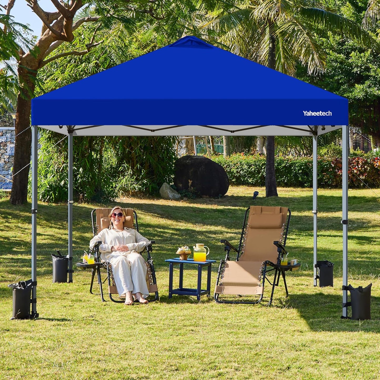 Yaheetech 10x10 Pop-up Canopy Tent w/ 2 Integrated Wheels for Mobility, Waterpoof & Heavy Duty, Instant Sun Shelter with Carry Bag, Weight Bags for Outdoor Camping Beach Patio Parties, Blue