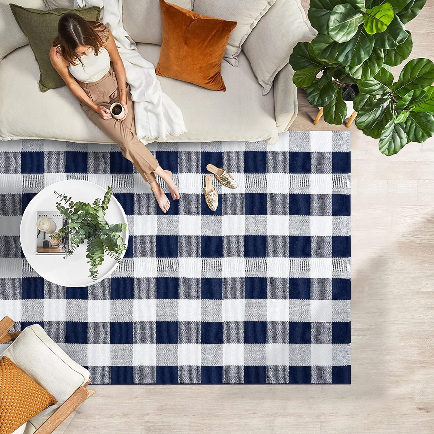 IOHOUZE Buffalo Plaid Checkered Rug 4x6 Ft Front Door Mats, Washable Area Rugs for Front Porch Decor, Spring Summer Welcome Mats Outdoor, Navy White Rug for Farmhouse/Entryway/Home Entrance