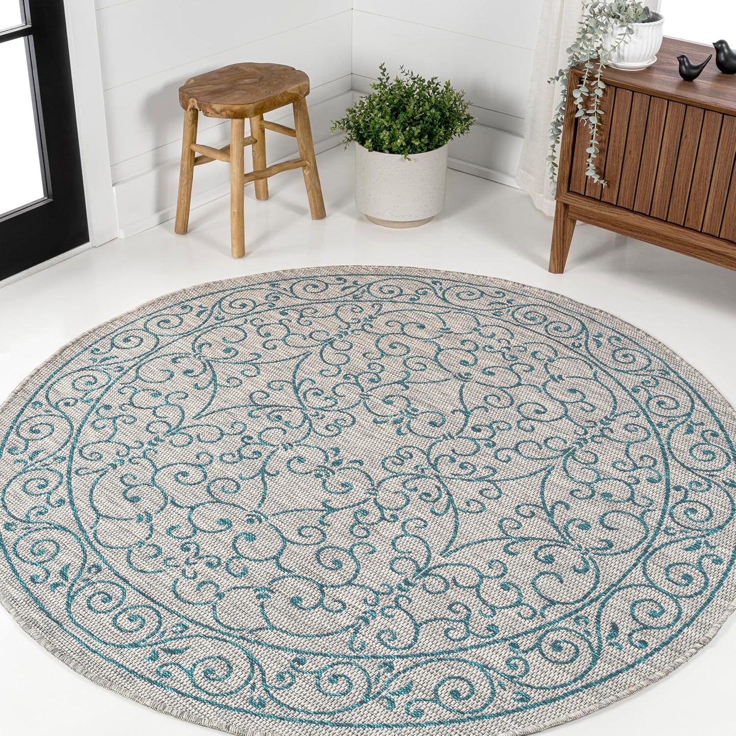 JONATHAN Y SMB106E-9R Charleston Vintage Filigree Textured Weave Gray/Teal 9' Round Indoor/Outdoor Area Rug, Pet Friendly, Non-Shedding, Stain Resistant, Easy-Cleaning for Backyard, Patio, Porch