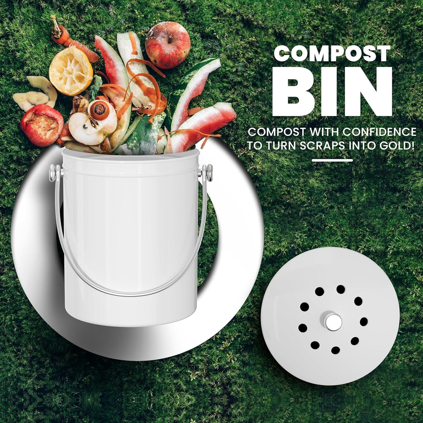 Utopia Kitchen Compost Bin for Kitchen Countertop, 1 Gallon Compost Bucket for Kitchen with Lid, Includes 1 Spare Charcoal Filter (White)