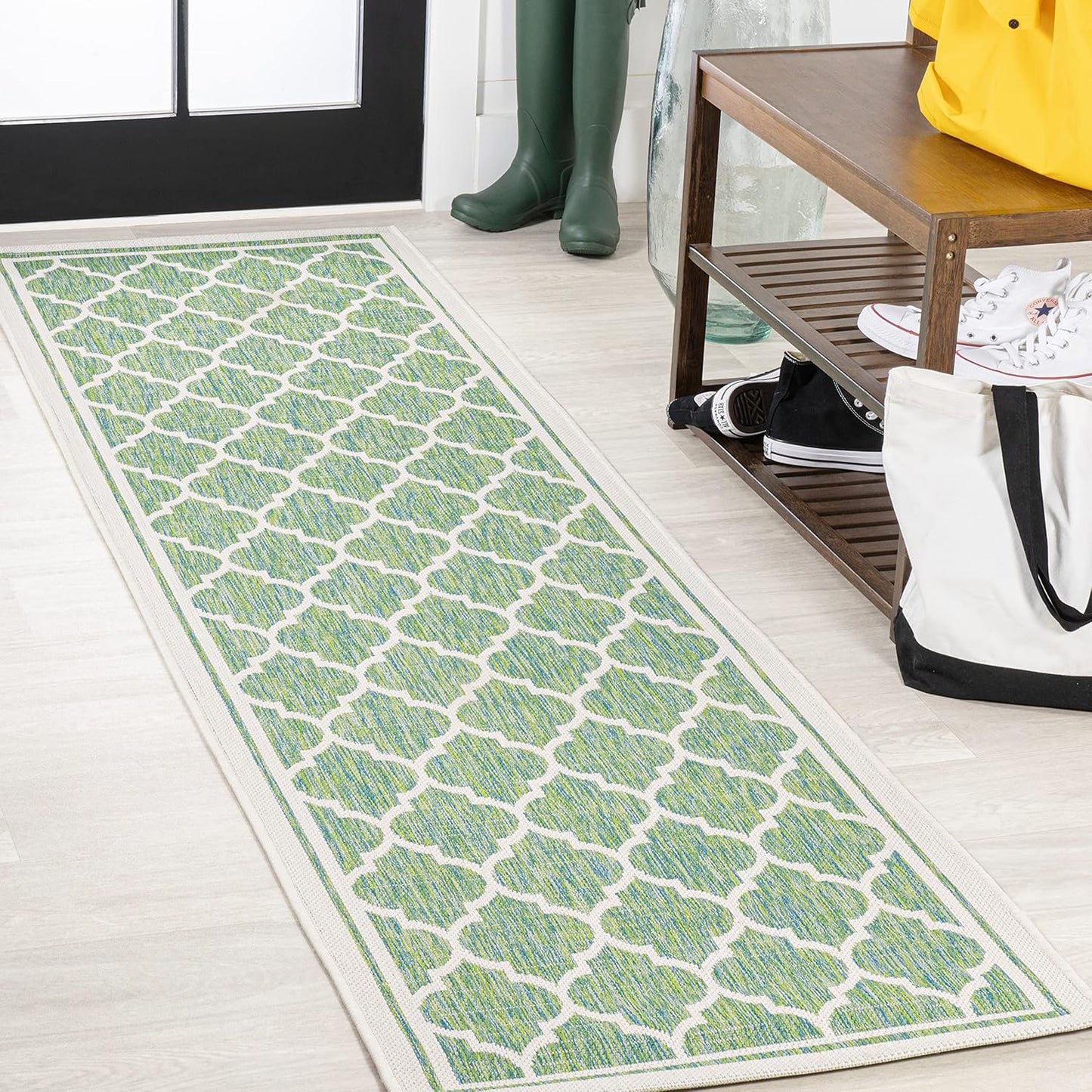 Eyely BMS109I-210 Santa Monica Trebol Moroccan Trellis Textured Weave Indoor/Outdoor Runner Rug Coastal;Bohemian, Bedroom, Backyard, Patio, Easy-Cleaning, Non-Shedding, 2 X 10, Cream/Green