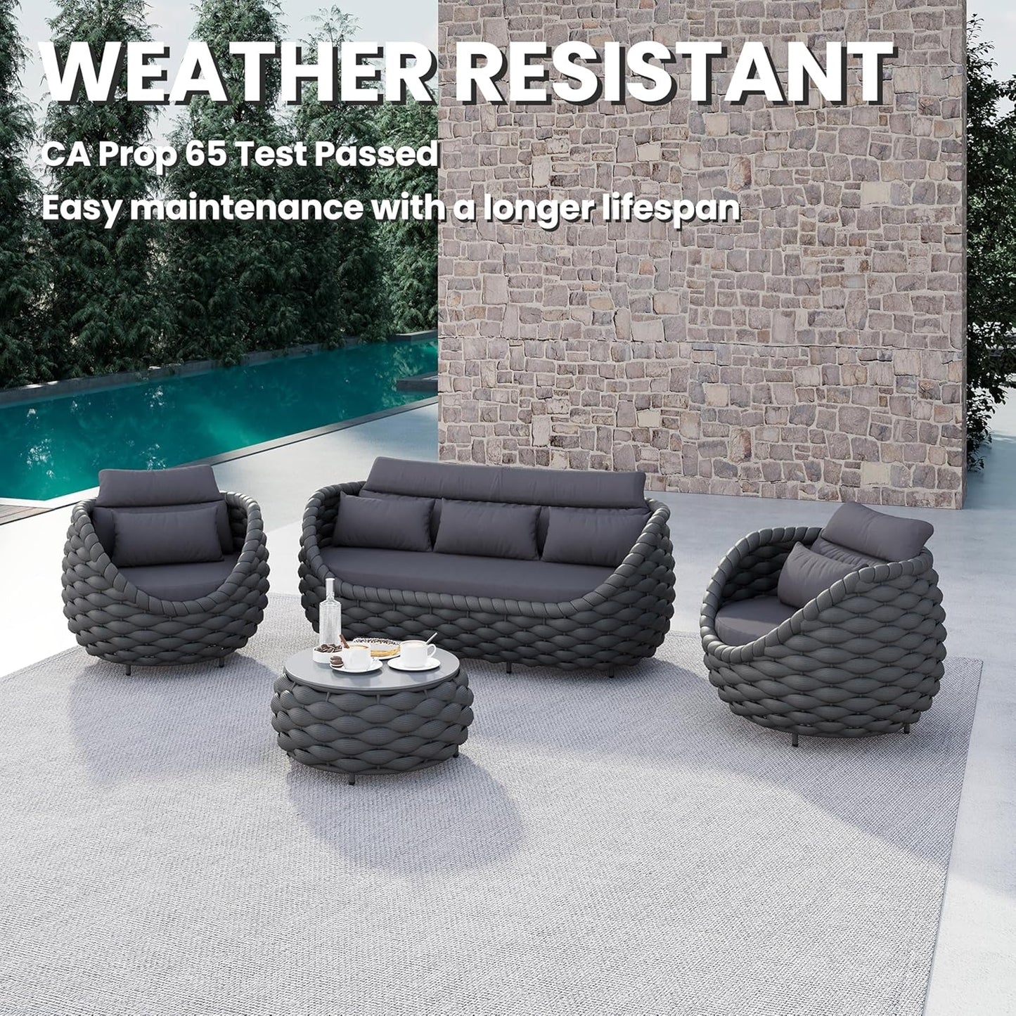Rope Patio Furniture Set: 4 Pieces Aluminum Outdoor Couch Set Cushioned - Assembled Porch Conversation Sofa Set Modern - Metal Patio Seating for 5 Person Deck Garden Poolside Hotel, Dark Gray